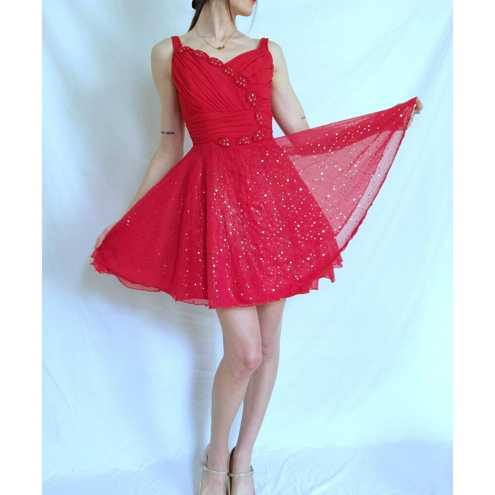 1950s Vintage Showgirl Costume Dance Dress: Sparkly Red Silk Full Circle Skirt